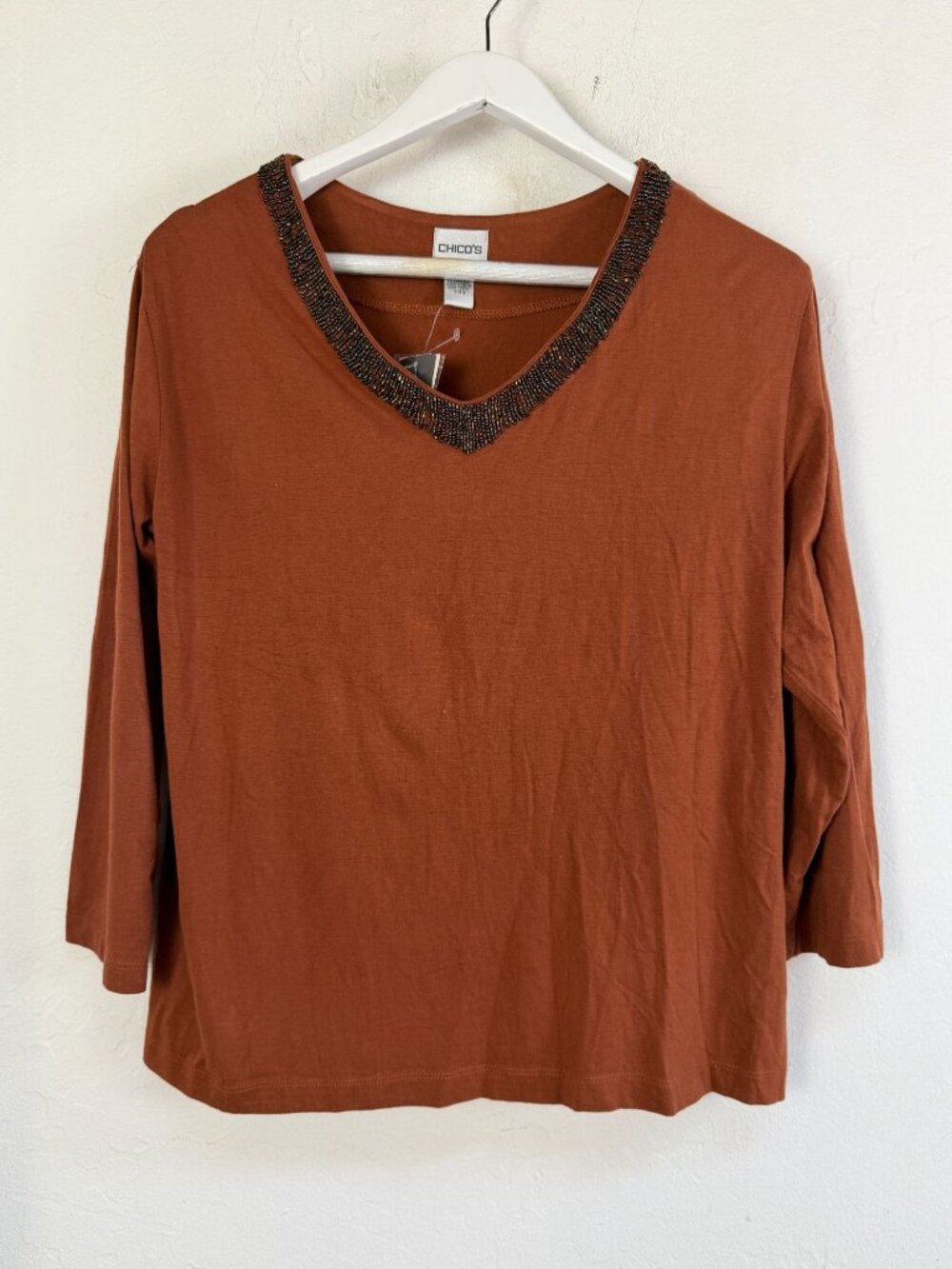 Chico's Treviso Gild 3/4 Sleeve Tee Sienna Orange Beaded V-Neck Top Sz 3 New $74